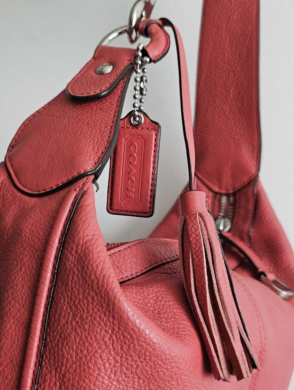 Coach Avery F23960 Coral Pebbled Leather Medium Hobo Shoulder Bag Tassel Hangtag